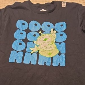 Disney Black T‑Shirt with Blue Text and Lime Green Alien Graphic